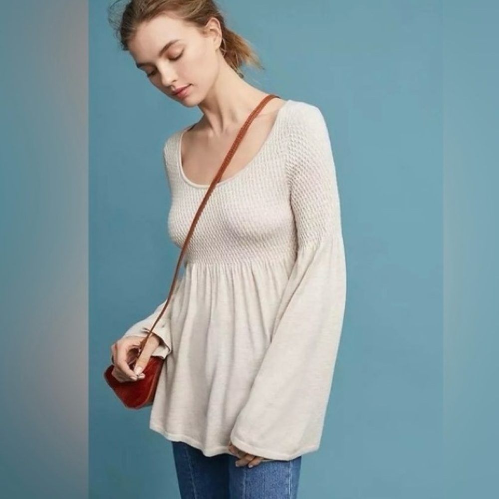 Anthropologie Knitted & Knotted Esme Bell Sleeve Sweater Smocked Boho Sz Medium